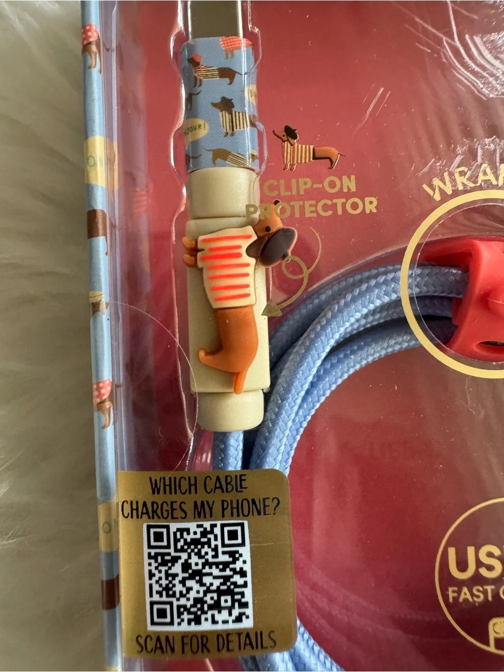 Poppy USB-C to USB-C Fast Charge Cable - Blue with Daschund